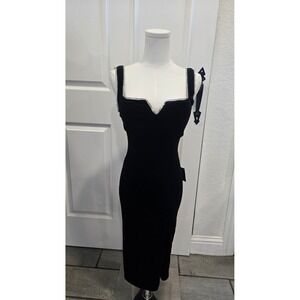 Lulus Black Velvet Rhinestone Trim Sweetheart Midi Dress NWT Bodycon Formal-S